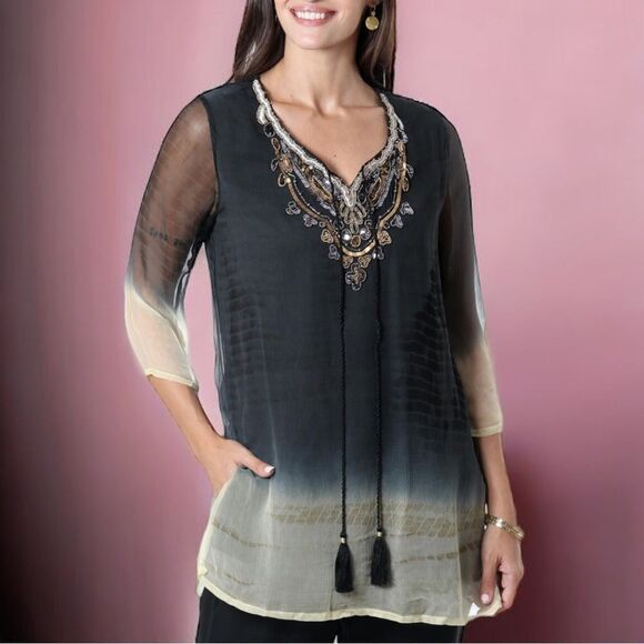 NOVICA Tie-Dye Beaded Viscose Tunic Top S - Picture 1 of 12